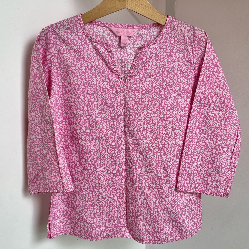Lilly Pulitzer • XS • Pink White Green Floral Print V-Neck Tunic Blouse Cover Up